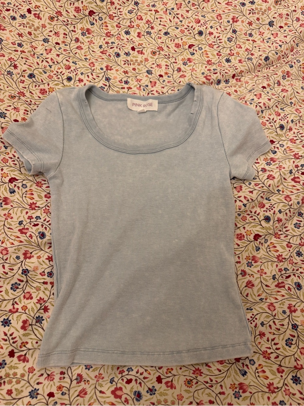 Pink Rose Light Blue Ribbed Scoop Neck Short Sleeve Tee